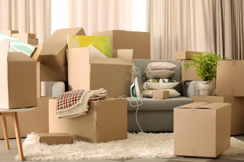 Mover carrying furniture through a corridor with care