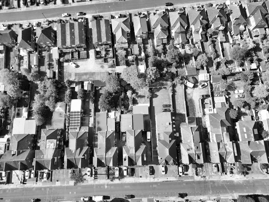 An aerial black-and-white photograph of a residential area showing terraced houses with pitched roofs closely arranged in rows along narrow streets. Behind the houses, there are numerous trees providing some greenery amid the tightly packed dwellings. In the foreground, a wide road with parked cars runs horizontally across the image, featuring a row of vehicles along the curb. The houses have small front gardens and some are separated by fences or walls. This scene captures a typical suburban neighbourhood, with the rooftops and streets clearly visible, illustrating the environment where home relocation and furniture transport services by Man with Van Turnpike Lane could be applicable during a house or flat move on Green Lanes Estate, highlighting the logistical context of packing and moving activities.