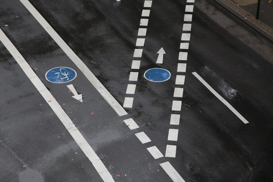 A bird's-eye view of a section of a wet street with white dashed lane markings, blue circular symbols indicating bicycle lanes, and directional arrows painted on the asphalt. The bicycle lane markings include white bike icons and arrows pointing in opposite directions, separated from vehicle lanes by solid white lines. There are no vehicles present in the image. In the background, a curb and sidewalk are visible, with the sidewalk appearing dark and slightly reflective due to the wet conditions. The overall scene captures a designated cycling area within a busy urban street, suitable for illustrating parking, traffic flow, or cycling infrastructure in a house removal or relocation context, as handled by Man with Van Turnpike Lane.